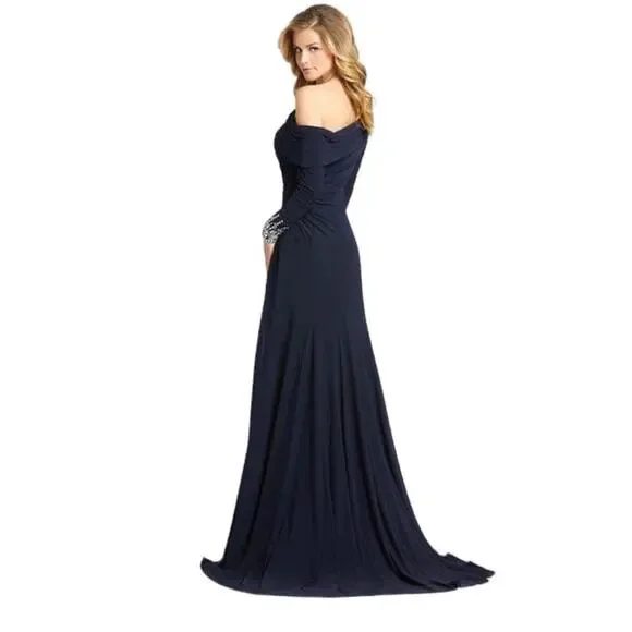 Mac Duggal 10 NEW Beaded Cuff Drop Shoulder Faux Wrap Gown Midnight Blue 12231 - Picture 3 of 8
